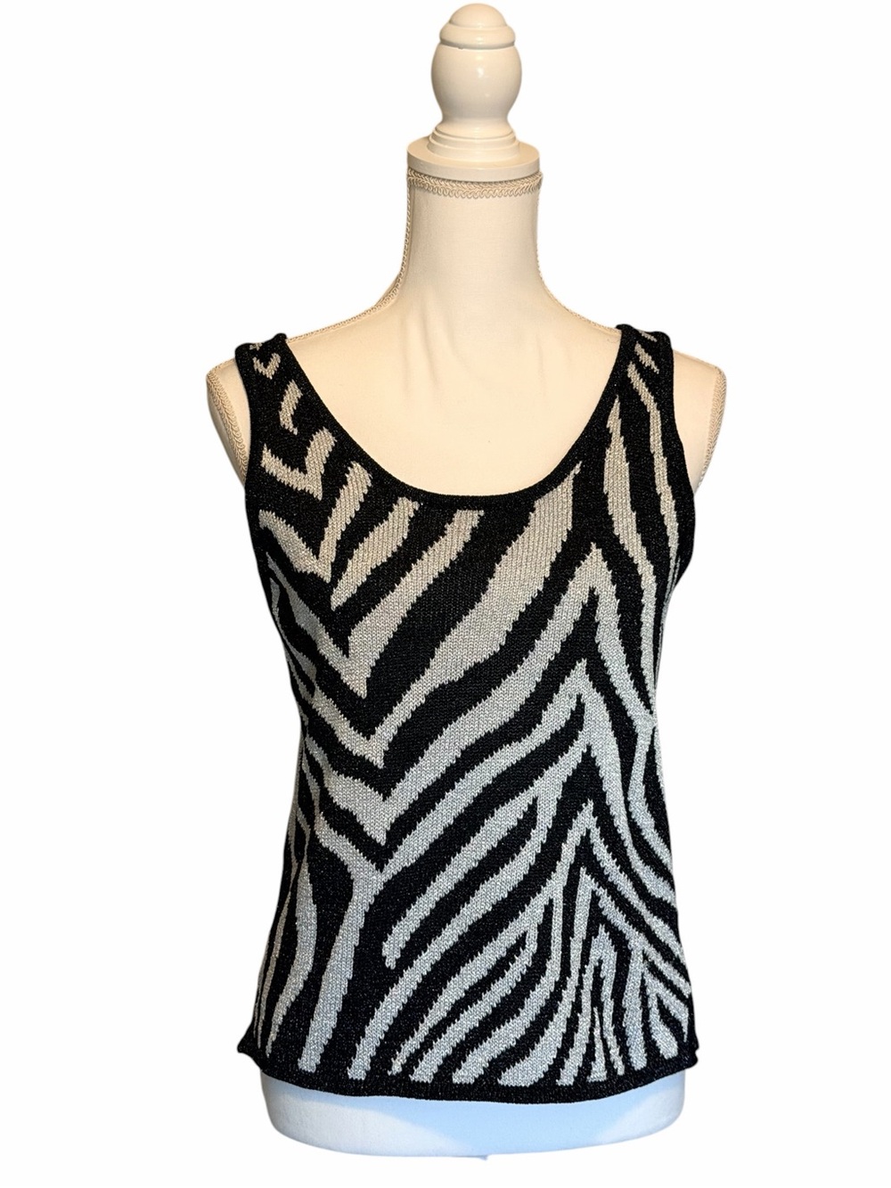 Sheer Zebra-Print Knit Scoop Neck Tank Top - Black & Silver Size Small